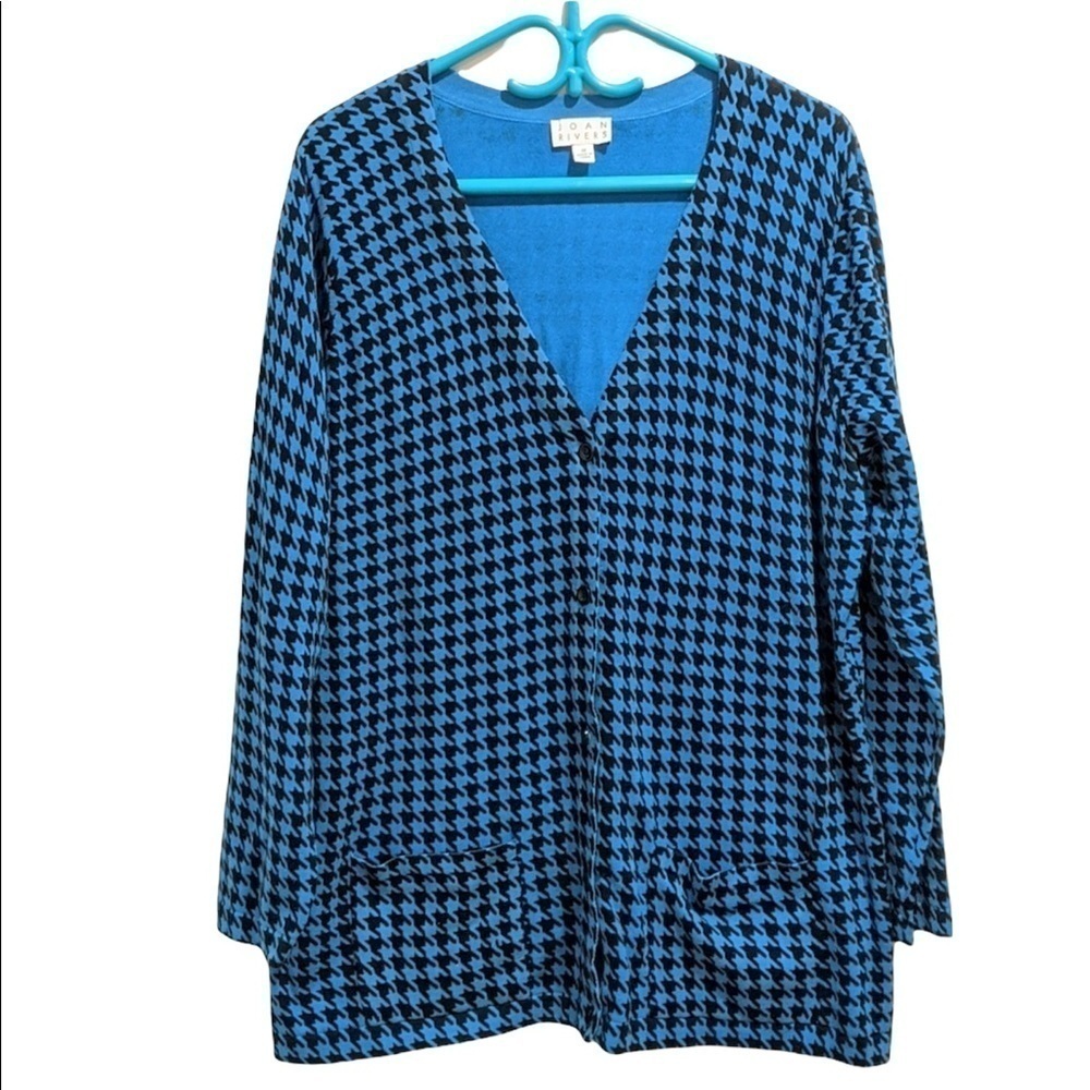 2/$20 Joan Rivers Turquoise And Black Houndstooth Knit Cardigan 1X